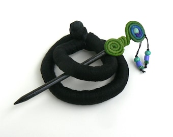 Black Statement Hair Barrette: Ornate Green Stick, Bold Bun Holder