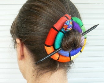 Large hair barrette, Rainbow bun holder, Round Bun cage, Stick Slide Fascinator, Shawl brooch, Textile Ponytail clasp, Flexible claw