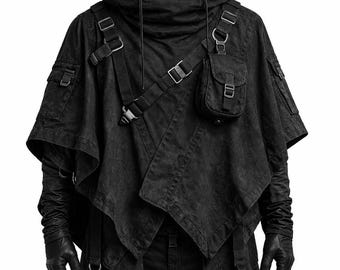 May include: A black hooded poncho featuring an asymmetrical hem, multiple utility pockets with buckle closures, and adjustable straps across the chest. The garment includes a high collar with drawstrings and integrated fabric overlays.
