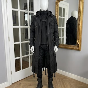Svart Techwear Trenchcoat Cyberpunk Taktisk Outfit Huva Streetwear Techwear Jacka Futuristiskt Cosplay Set