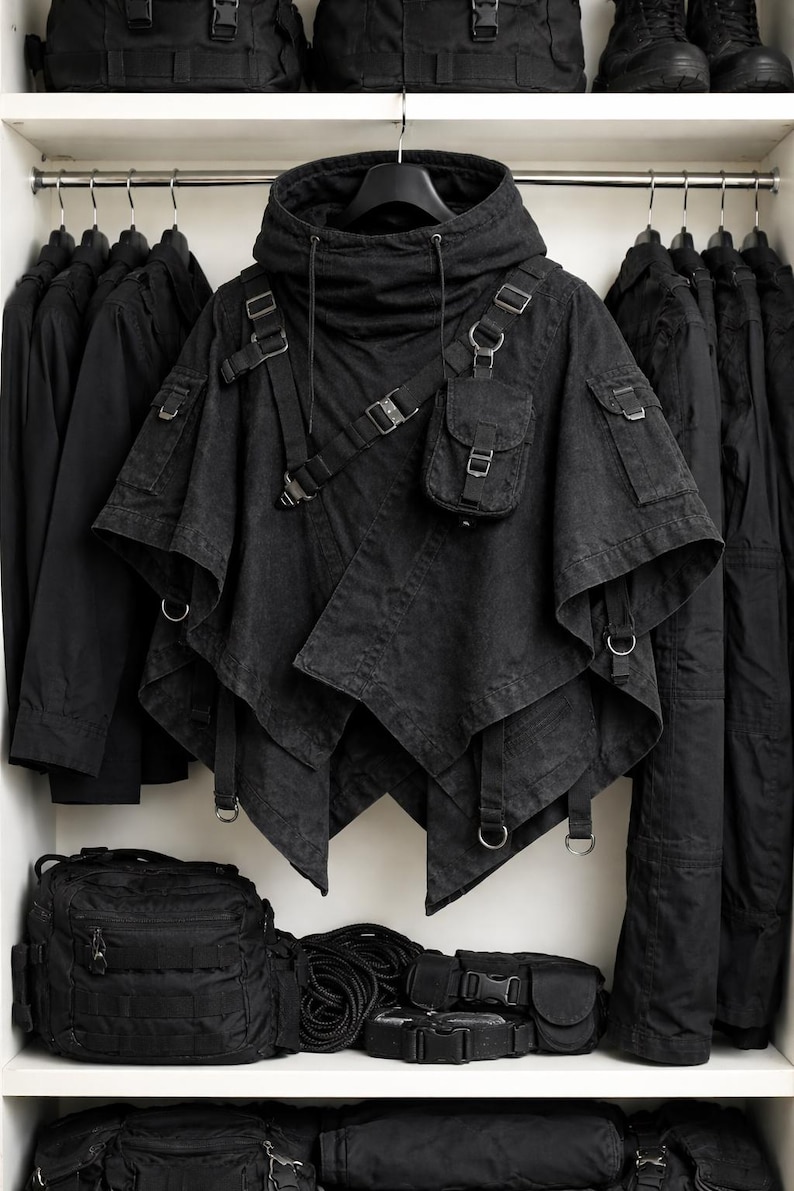 May include: A black hooded poncho featuring an asymmetrical hem, multiple adjustable straps with metal buckles, and a small attached utility pocket on the chest. The garment includes a high collar with drawstring cords and integrated D-ring hardware.