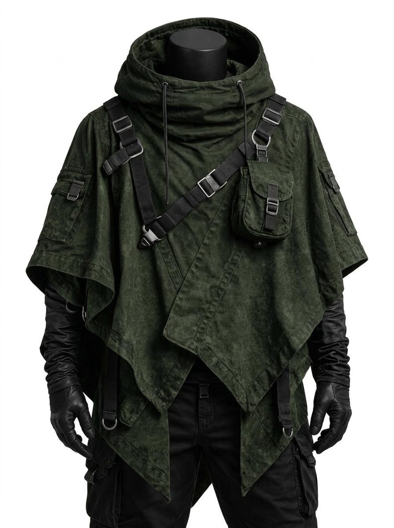 May include: A dark olive green hooded poncho featuring a layered asymmetrical hem, black adjustable webbing straps, metal buckles, and multiple utility pockets on the chest and sleeves. The garment is worn over black long gloves and black pants.