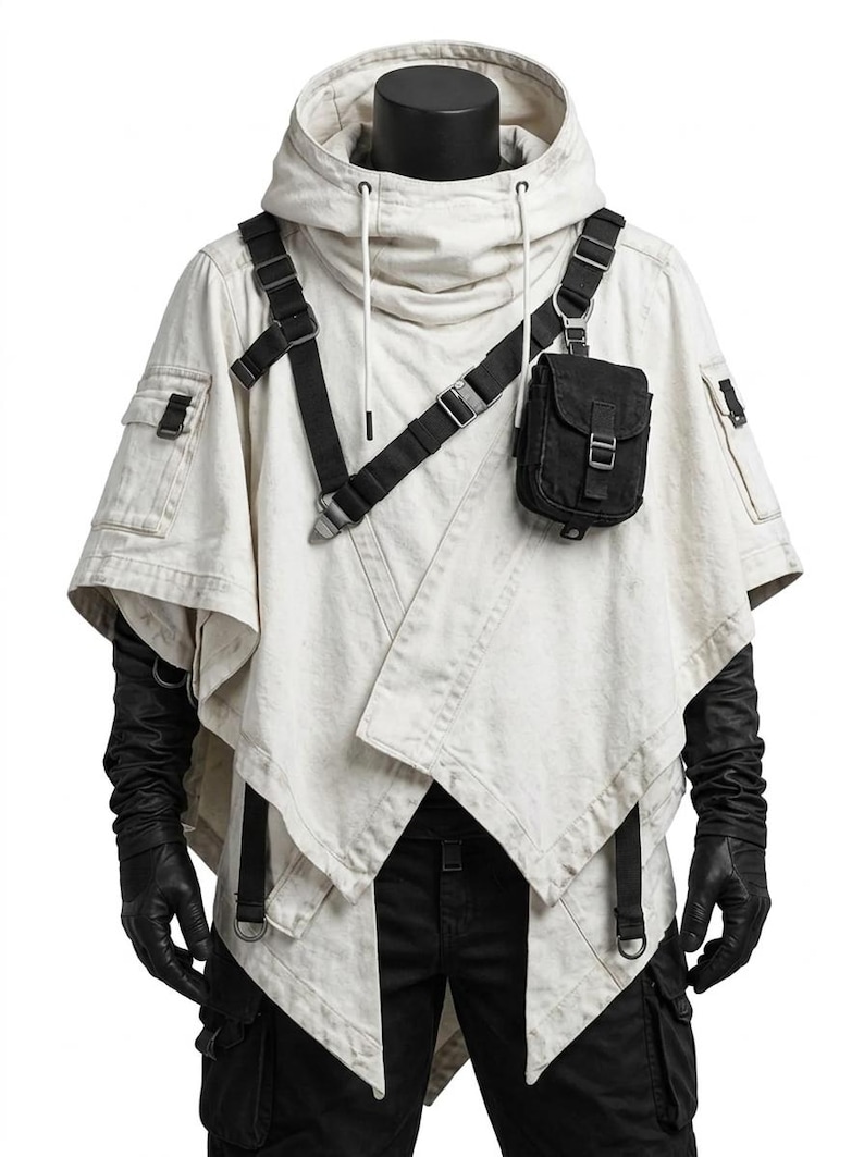 May include: An off-white hooded poncho featuring a black tactical harness system with adjustable straps and a small black utility pouch attached to the chest. The garment includes side pockets and is worn over black long-sleeved gloves and black pants.