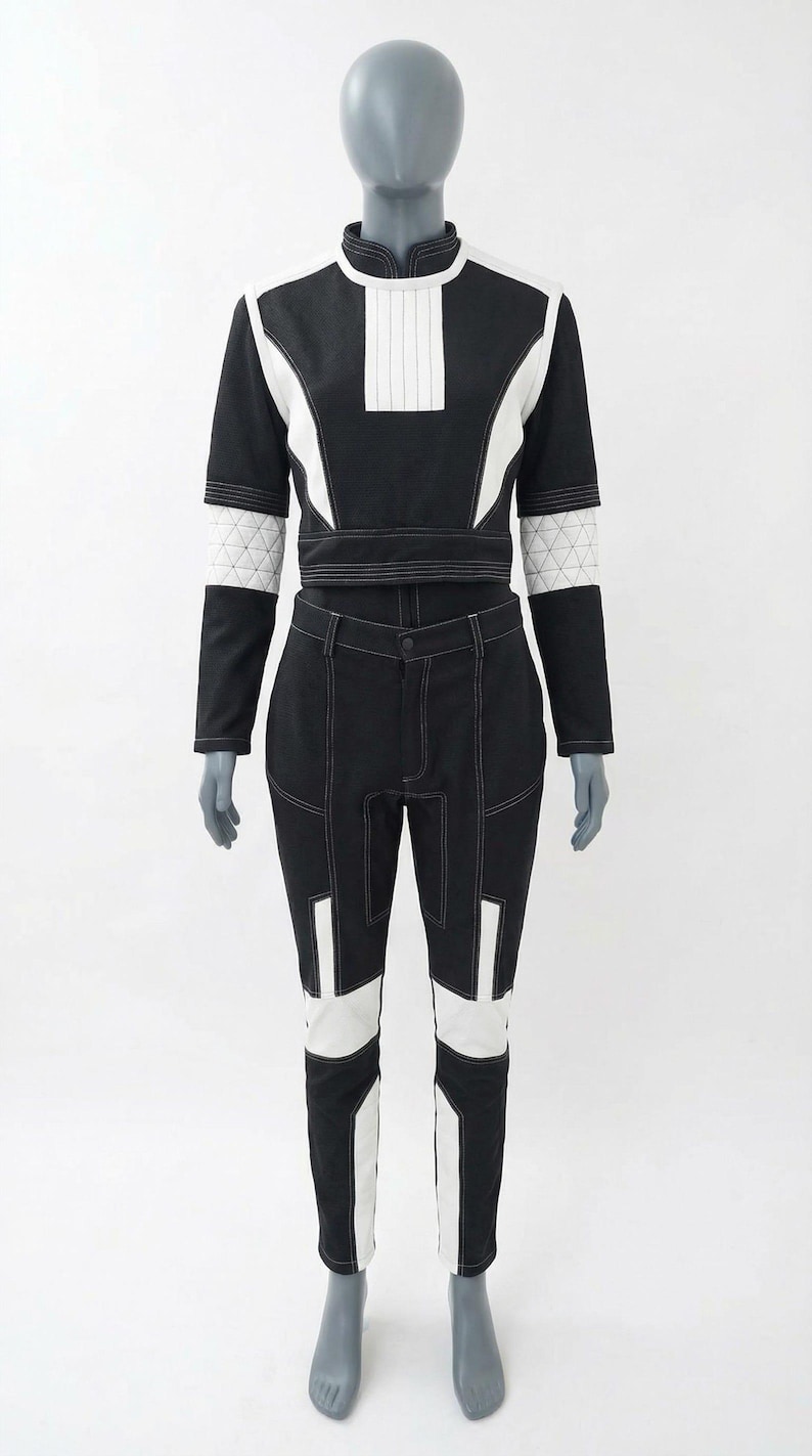 May include: A black and white two-piece outfit on a mannequin. The top is a long-sleeved crop top with white accents and a high collar. The pants are high-waisted with white panels and stitching. The outfit has a futuristic design.