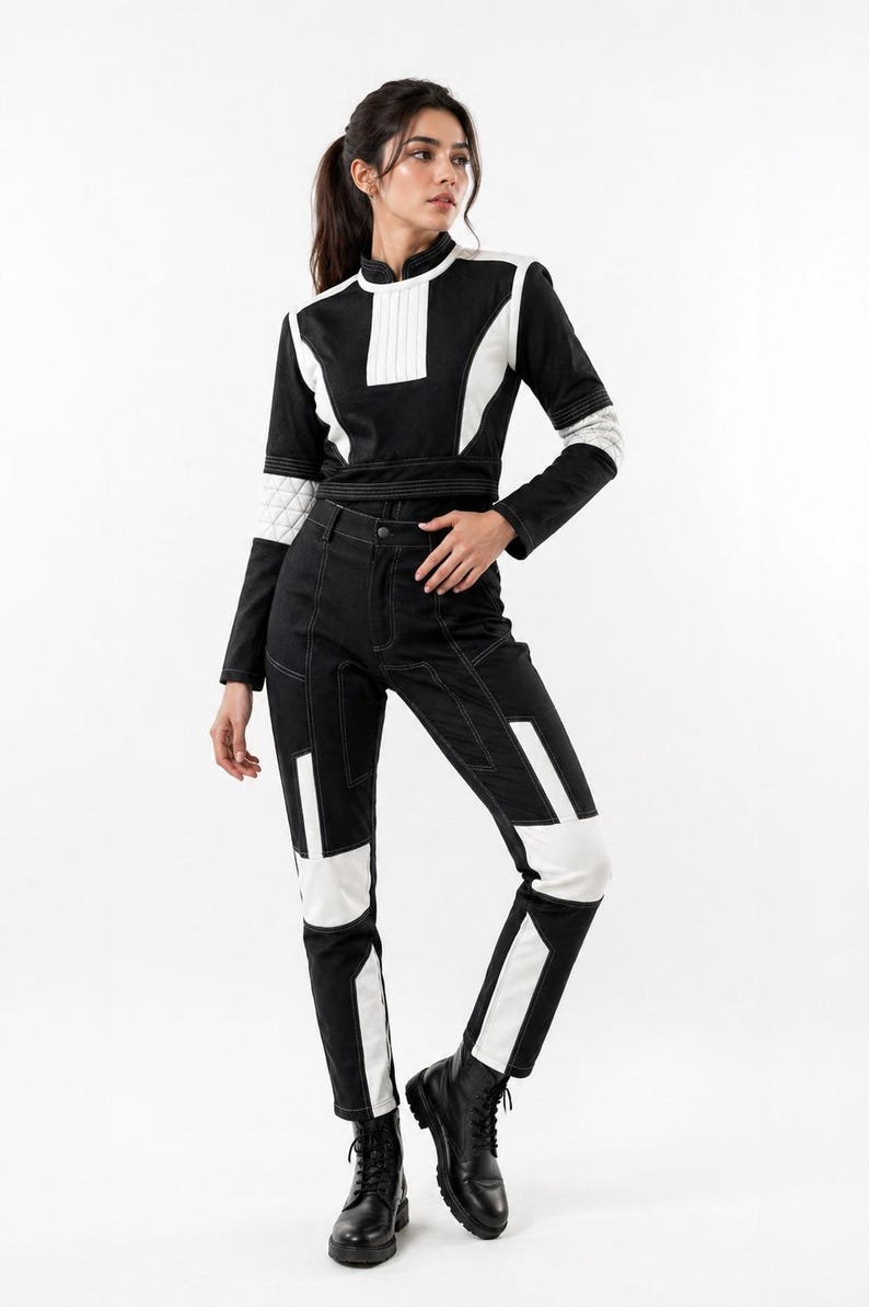 May include: Black and white jumpsuit with geometric paneling. The long-sleeved top features a high collar and white accents. The pants have white panels on the knees and sides. The model is wearing black boots.