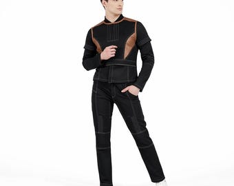 Strój taktyczny Sci-Fi, czarny futurystyczny strój, cosplay kosmicznego wojownika, panel design