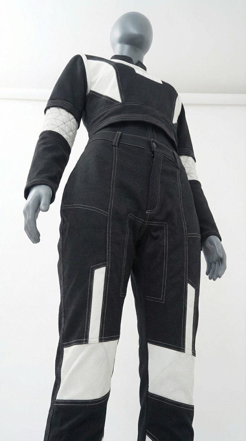 May include: Black and white two-piece outfit. The top is a cropped, long-sleeved shirt with white accents on the shoulders and sleeves. The pants are high-waisted with white panels and stitching details. The outfit is displayed on a mannequin.