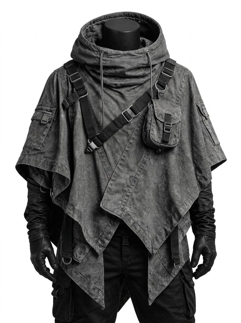 May include: A charcoal gray hooded poncho featuring a layered asymmetrical hem, multiple utility pockets, and black adjustable webbing straps with metal buckles. The garment includes a high collar with drawstrings and is worn over black gloves.