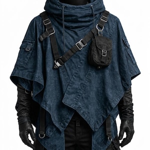 May include: A dark blue hooded poncho featuring a distressed fabric texture, an asymmetrical hem, and black tactical straps with metal buckles. A small black pouch is attached to the chest strap, and the garment includes side pockets.