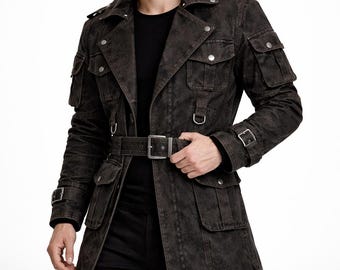 Men's Black Canvas Trench Coat – Gothic Duster Jacket, Military Belted Style.