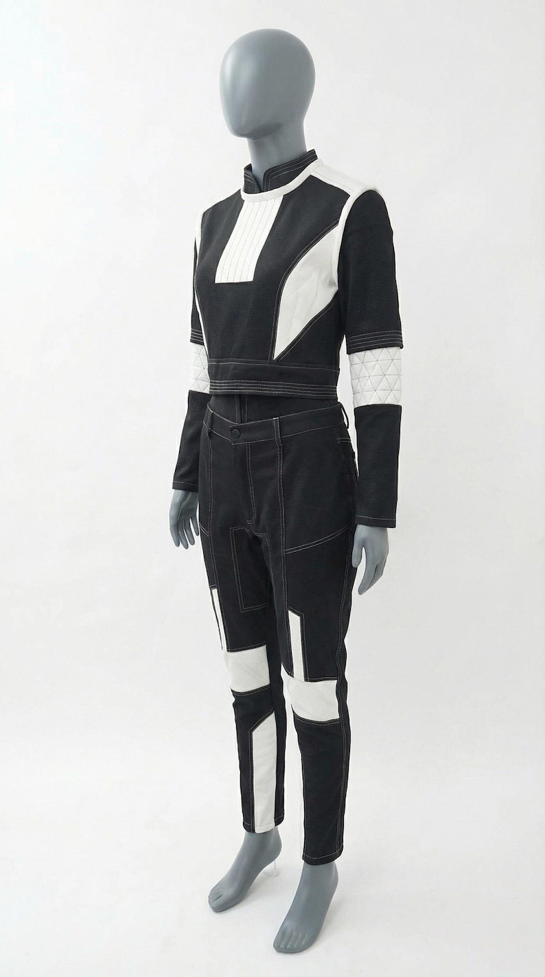 May include: A black and white two-piece outfit on a mannequin. The top is a long-sleeved crop top with white accents and a high collar. The pants are black with white geometric panels and stitching. The outfit is displayed on a gray mannequin.