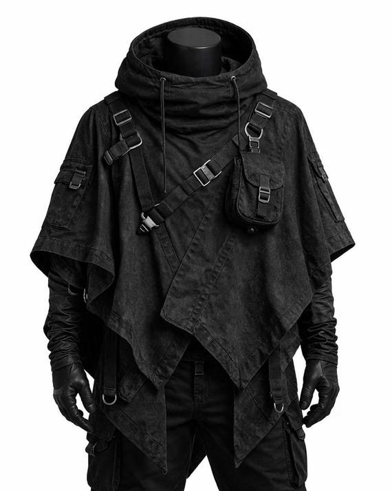 Black Tactical Hooded Poncho, Techwear Utility Poncho, Cyberpunk Hooded Cape, Urban Tactical Cloak