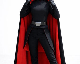 Strój cosplay inspirowany Drugą Siostrą – Czarny strój Inkwizytora z czerwoną peleryną (Jedi Upadły Zakon)