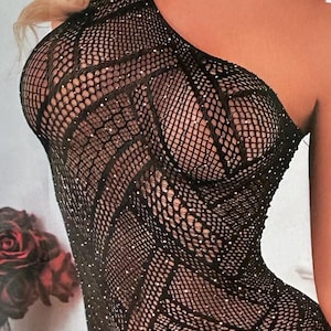 Sparkly One Sleeve Fishnet Dress - Crystal Embellished Bodystocking