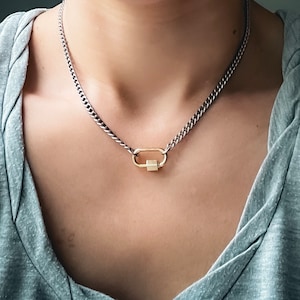 Silver Curb Chain Carabiner Necklace, Mixed Metal Necklace, Curb Chain Necklace, Carabiner Chain Necklace, Front Clasp Necklace