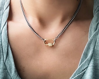 Silver Curb Chain Carabiner Necklace, Mixed Metal Necklace, Carabiner Chain Necklace, Front Clasp Necklace, Layering Necklace