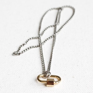Dainty Carabiner Necklace, Two Tone Mixed Metal Necklace, Charm Holder Necklace, Minimalist Chain Necklace