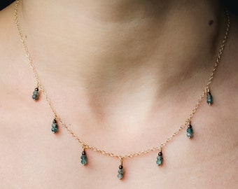 Teal Green Kyanite Necklace, Gold Filled Chain and Dangling Kyanite Necklace