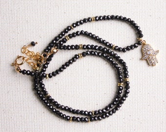 Black Spinel Beaded Necklace with Hamsa Charm, Small Black Stone Beaded Necklace, Hamsa Necklace, Hamsa Charm Necklace