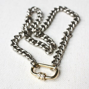 Chunky Curb Chain Carabiner Necklace, Mixed Metal Necklace, Statement Necklace