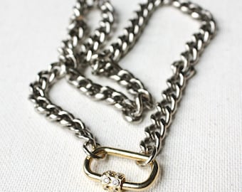 Chunky Curb Chain Carabiner Necklace, Mixed Metal Necklace, Statement Necklace