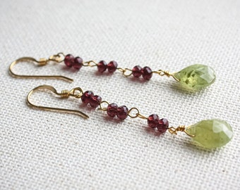 Wire Wrapped Gemstone Earrings, Crystal and Grossular Garnet Earrings