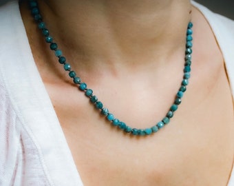 Blue Beaded Necklace, Hand Knotted Gemstone Necklace with Sterling Silver Clasp, Blue Gemstone Necklace, Apatite Necklace