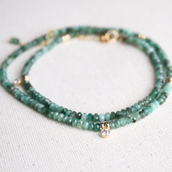 Emerald Gemstone Bead Necklace,  Delicate Emerald Gold Filled Necklace, Mother's Day Gift, May Birthstone