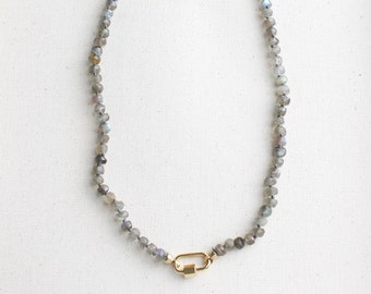 Hand Knotted Labradorite Necklace with Carabiner Clasp, Carabiner Gemstone Necklace