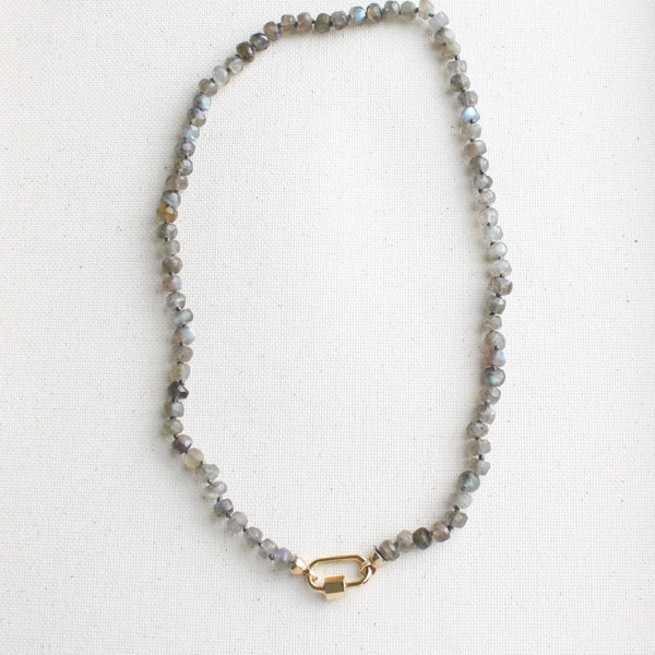 Hand Knotted Labradorite Necklace with Carabiner Clasp, Carabiner Gemstone Necklace