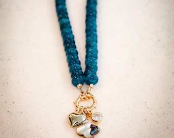 Semiprecious Blue Beaded Charm Necklace, Blue Gemstone Bead Necklace, Charm Holder Necklace, Blue Candy Necklace