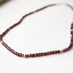Garnet Beaded Necklace, Small Gemstone Beaded Necklace, Gold Filled Garnet Necklace, Wine Red Necklace, January Birthstone Necklace