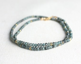 Kyanite Beaded Necklace, Tiny Gemstone Bead Necklace 3mm, Teal Green Kyanite Necklace, 14k Gold Filled Gemstone Necklace