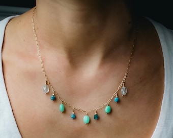 Colorful Gemstone Necklace, Blue and Green Gemstone Necklace, 14K Gold Filled Paperclip Necklace, Semi-Precious Necklace