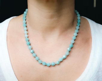 Amazonite Hand Knotted Necklace, Light Blue Gemstone Necklace, Amazonite Sterling Silver 18 Inch Necklace