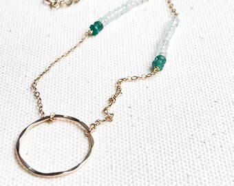 Gold Filled Circle Necklace, Hammered Circle Necklace, Emerald and Aquamarine Necklace, Dainty Gemstone Necklace, Karma Necklace