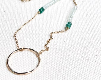 Gold Circle Pendant Necklace, Hammered Circle Necklace, Emerald and Aquamarine Necklace, Gold and Gemstone Necklace