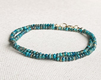 Stattuckite Beaded Necklace, Turquoise Blue Stone Necklace, Tiny Gemstone Bead Necklace, 3mm Gemstone Necklace