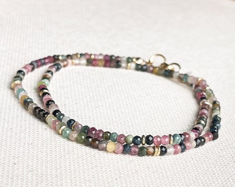 Tourmaline Beaded Necklace, Tiny Gemstone Bead Necklace 3mm, Multi Color Tourmaline Necklace, 14k Gold Filled Gemstone Necklace