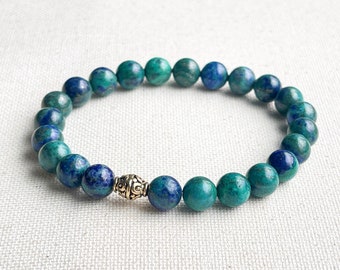 Azurite Chrysocolla Bracelet, Gemstone Beaded Bracelet, Ocean Blue and Teal Stone Bracelet, Gemstone Stretch Bracelet 8mm