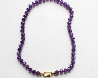 Hand Knotted Amethyst Necklace, Gemstone Carabiner Necklace, Purple Candy Necklace,  Mother's Day Gift, Purple Gemstone