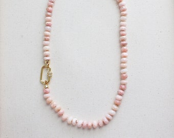 Peruvian Pink Opal Necklace Hand Knotted, Silk Knotted Gemstone Necklace, Pink Opal Necklace with Carabiner Clasp, Pastel Candy Necklace