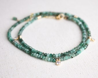 Emerald Gemstone Bead Necklace,  Delicate Emerald Gold Filled Necklace, Mother's Day Gift, May Birthstone