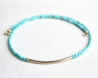 Turquoise Necklace with Gold Filled Tube, Beaded Turquoise Necklace, Tiny Turquoise 3mm, Mother's Day Gift
