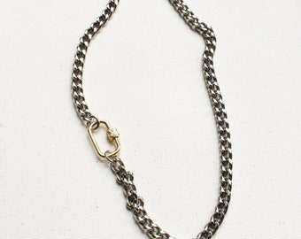 Thick Silver Curb Chain Necklace with Carabiner, Two Tone Necklace, Mixed Metal Necklace, Chunky Curb Chain Necklace Silver