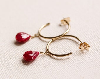 Hoop Earrings with Ruby Tear Drops, Dangling Gemstone Hoop Earrings, Ruby Hoop Earrings, Mother's Day Gift