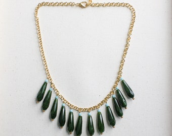 Gold Chain Bib Necklace, Statement Necklace, Green Jade Teardrop Necklace, Dangling Teardrop Necklace