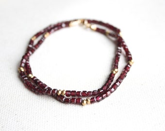 Garnet Beaded Necklace, Small Beaded Garnet Necklace, Gold Filled Garnet Necklace