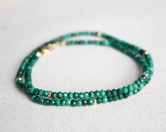 Tiny Malachite Beaded Necklace, Gold Filled, 3mm Green Gemstone Necklace, Mother's Day Gift