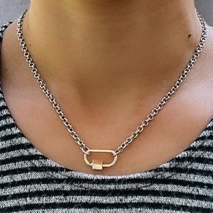 Silver Chain Screw Carabiner Necklace, Mixed Metal Necklace, Silver Rolo Belcher Necklace with Screw Lock Clasp